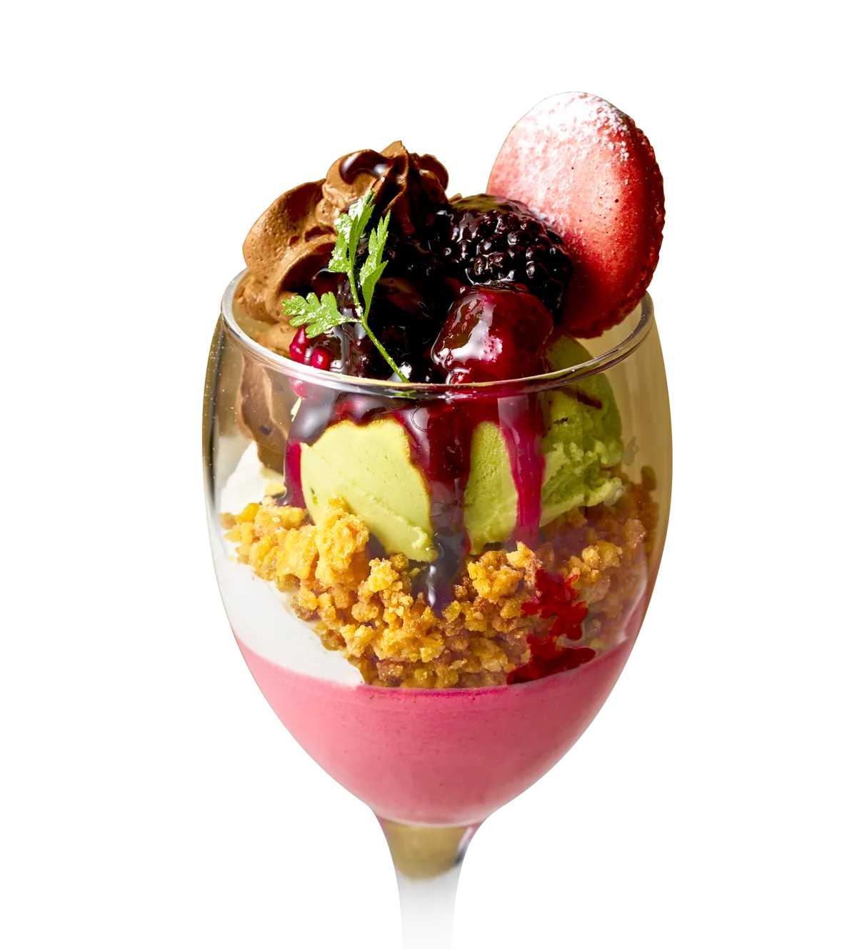 フランボワーズムースとピスタチオアイスのパフェ